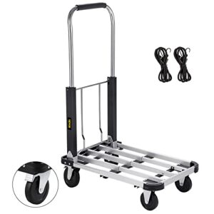 vevor folding platform truck, portable hand truck adjustable length, aluminum push cart telescoping handle with 4 wheels 330lbs capacity for luggage travel shopping