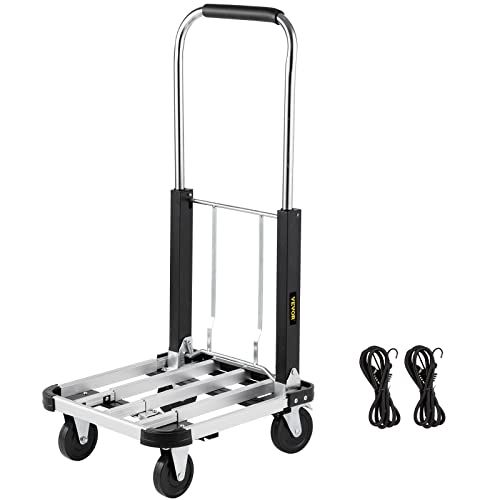 VEVOR Folding Platform Truck, Portable Hand Truck Adjustable Length, Aluminum Push Cart Telescoping Handle with 4 Wheels 330LBS Capacity for Luggage Travel Shopping