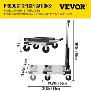 VEVOR Folding Platform Truck, Portable Hand Truck Adjustable Length, Aluminum Push Cart Telescoping Handle with 4 Wheels 330LBS Capacity for Luggage Travel Shopping