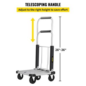 VEVOR Folding Platform Truck, Portable Hand Truck Adjustable Length, Aluminum Push Cart Telescoping Handle with 4 Wheels 330LBS Capacity for Luggage Travel Shopping