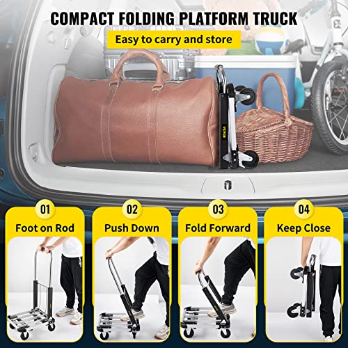 VEVOR Folding Platform Truck, Portable Hand Truck Adjustable Length, Aluminum Push Cart Telescoping Handle with 4 Wheels 330LBS Capacity for Luggage Travel Shopping