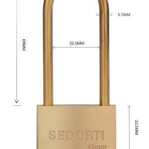 SEDORTI Weather Proof Lock, Keyed Alike Solid Brass Padlocks with Long Brass Shackle, Light Duty, 1-1/2" Wide Body, Marine Padlock, Anti Rust Lock, 2 Pack