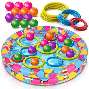 gamie floating ring toss game for kids, outdoor carnival game set with inflatable pool, floating rings, and colored plastic balls, outdoor games for family and backyard parties