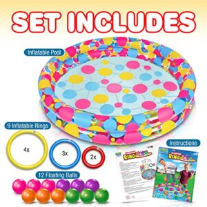 Gamie Floating Ring Toss Game for Kids, Outdoor Carnival Game Set with Inflatable Pool, Floating Rings, and Colored Plastic Balls, Outdoor Games for Family and Backyard Parties