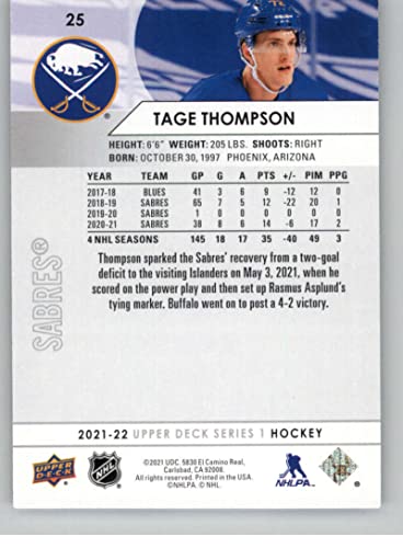 2021-22 Upper Deck #25 Tage Thompson Buffalo Sabres Series 1 NHL Hockey Base Trading Card