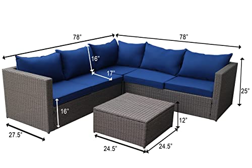 Outdoor Patio Furniture Set with Ottoman Square Coffee Table 4 Piece Patio Sectional Sofa Couch, Modern Brown Rattan Wicker with Seat Cushions - Navy Blue - Oliver & Smith - Sunny