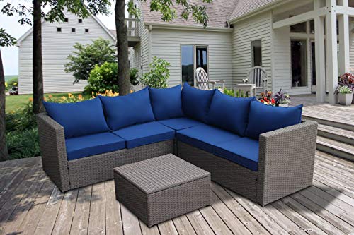 Outdoor Patio Furniture Set with Ottoman Square Coffee Table 4 Piece Patio Sectional Sofa Couch, Modern Brown Rattan Wicker with Seat Cushions - Navy Blue - Oliver & Smith - Sunny