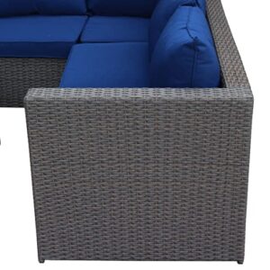 Outdoor Patio Furniture Set with Ottoman Square Coffee Table 4 Piece Patio Sectional Sofa Couch, Modern Brown Rattan Wicker with Seat Cushions - Navy Blue - Oliver & Smith - Sunny