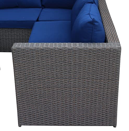 Outdoor Patio Furniture Set with Ottoman Square Coffee Table 4 Piece Patio Sectional Sofa Couch, Modern Brown Rattan Wicker with Seat Cushions - Navy Blue - Oliver & Smith - Sunny