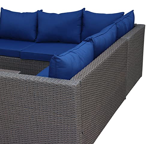 Outdoor Patio Furniture Set with Ottoman Square Coffee Table 4 Piece Patio Sectional Sofa Couch, Modern Brown Rattan Wicker with Seat Cushions - Navy Blue - Oliver & Smith - Sunny