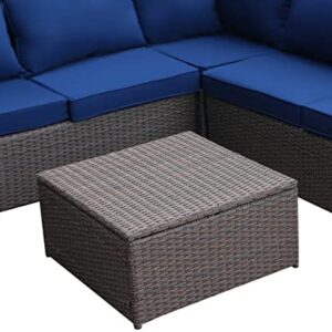 Outdoor Patio Furniture Set with Ottoman Square Coffee Table 4 Piece Patio Sectional Sofa Couch, Modern Brown Rattan Wicker with Seat Cushions - Navy Blue - Oliver & Smith - Sunny