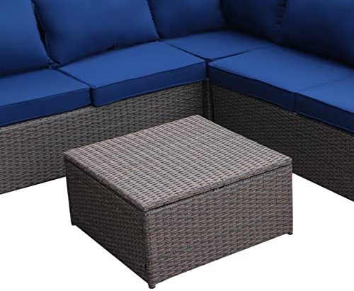 Outdoor Patio Furniture Set with Ottoman Square Coffee Table 4 Piece Patio Sectional Sofa Couch, Modern Brown Rattan Wicker with Seat Cushions - Navy Blue - Oliver & Smith - Sunny