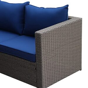 Outdoor Patio Furniture Set with Ottoman Square Coffee Table 4 Piece Patio Sectional Sofa Couch, Modern Brown Rattan Wicker with Seat Cushions - Navy Blue - Oliver & Smith - Sunny