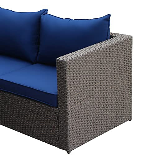 Outdoor Patio Furniture Set with Ottoman Square Coffee Table 4 Piece Patio Sectional Sofa Couch, Modern Brown Rattan Wicker with Seat Cushions - Navy Blue - Oliver & Smith - Sunny