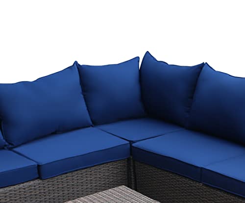 Outdoor Patio Furniture Set with Ottoman Square Coffee Table 4 Piece Patio Sectional Sofa Couch, Modern Brown Rattan Wicker with Seat Cushions - Navy Blue - Oliver & Smith - Sunny