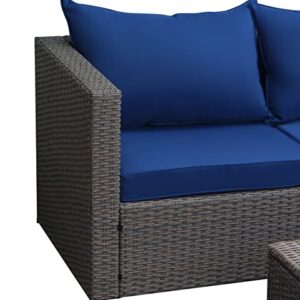 Outdoor Patio Furniture Set with Ottoman Square Coffee Table 4 Piece Patio Sectional Sofa Couch, Modern Brown Rattan Wicker with Seat Cushions - Navy Blue - Oliver & Smith - Sunny