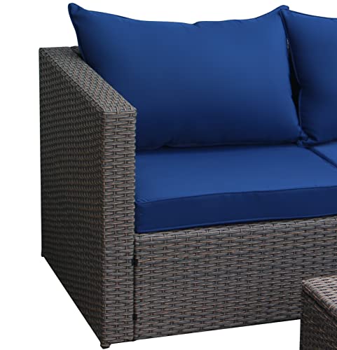 Outdoor Patio Furniture Set with Ottoman Square Coffee Table 4 Piece Patio Sectional Sofa Couch, Modern Brown Rattan Wicker with Seat Cushions - Navy Blue - Oliver & Smith - Sunny