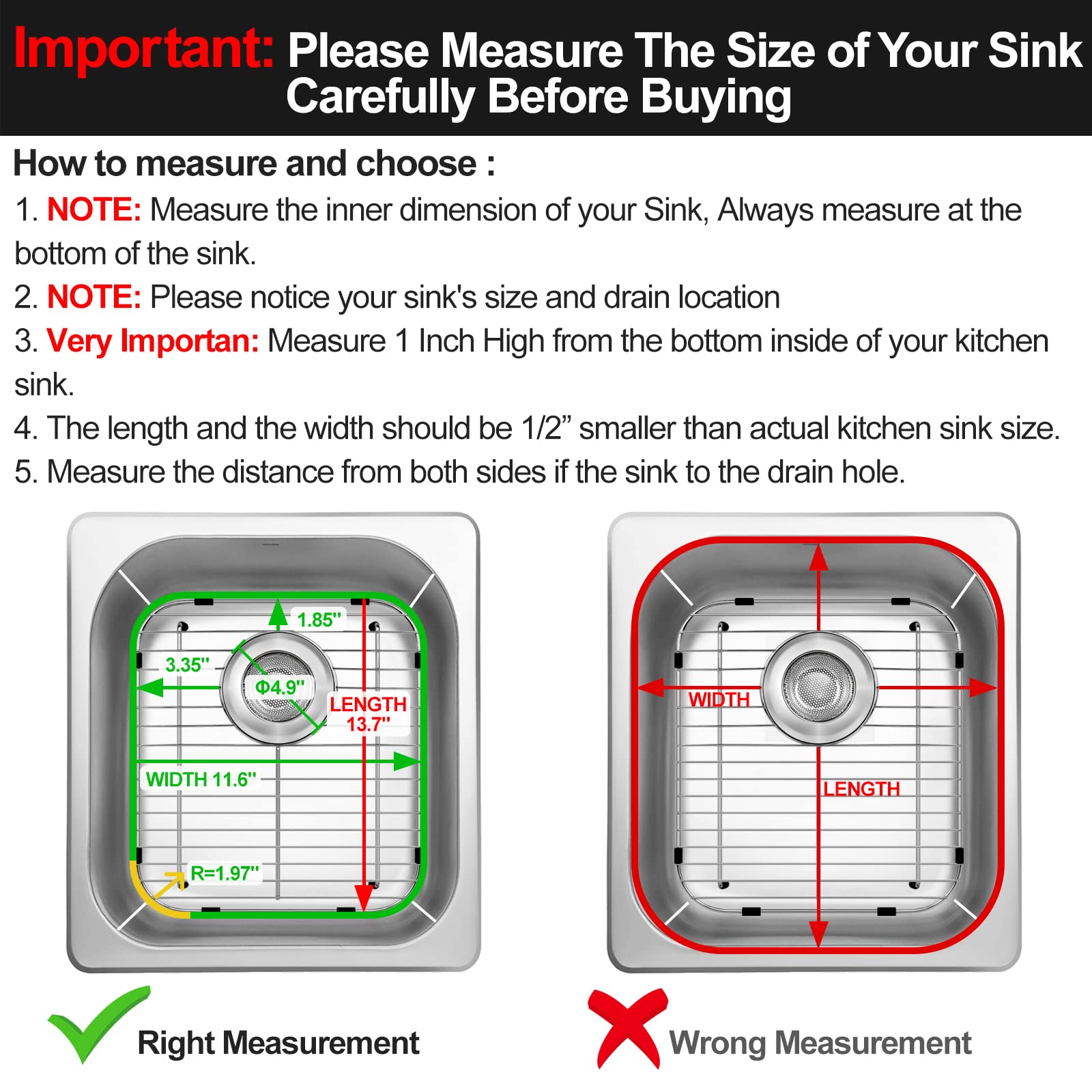 ARLBA 2 Pack 304 Stainless Steel Sink Protectors for Kitchen Sink with Rear Drain Hole,13.2"x11.5"x1.25" Kitchen Sink Grid Universal,Sink Grate Sink Rack for Bottom of Sink with 2Pack Sink Strainers