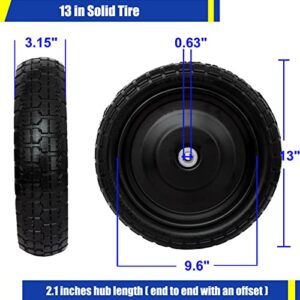 13” Flat-Free Tires for Cart,Solid Polyurethane Wheels for Hand Truck Garden Cart Trolleys,with 5/8” Axle 2.16” Offset Hub 3.15” Tire Width 600 lbs Capacity, 4 pack