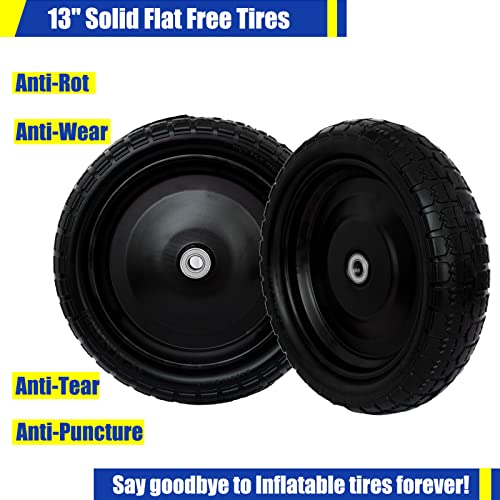 13” Flat-Free Tires for Cart,Solid Polyurethane Wheels for Hand Truck Garden Cart Trolleys,with 5/8” Axle 2.16” Offset Hub 3.15” Tire Width 600 lbs Capacity, 4 pack