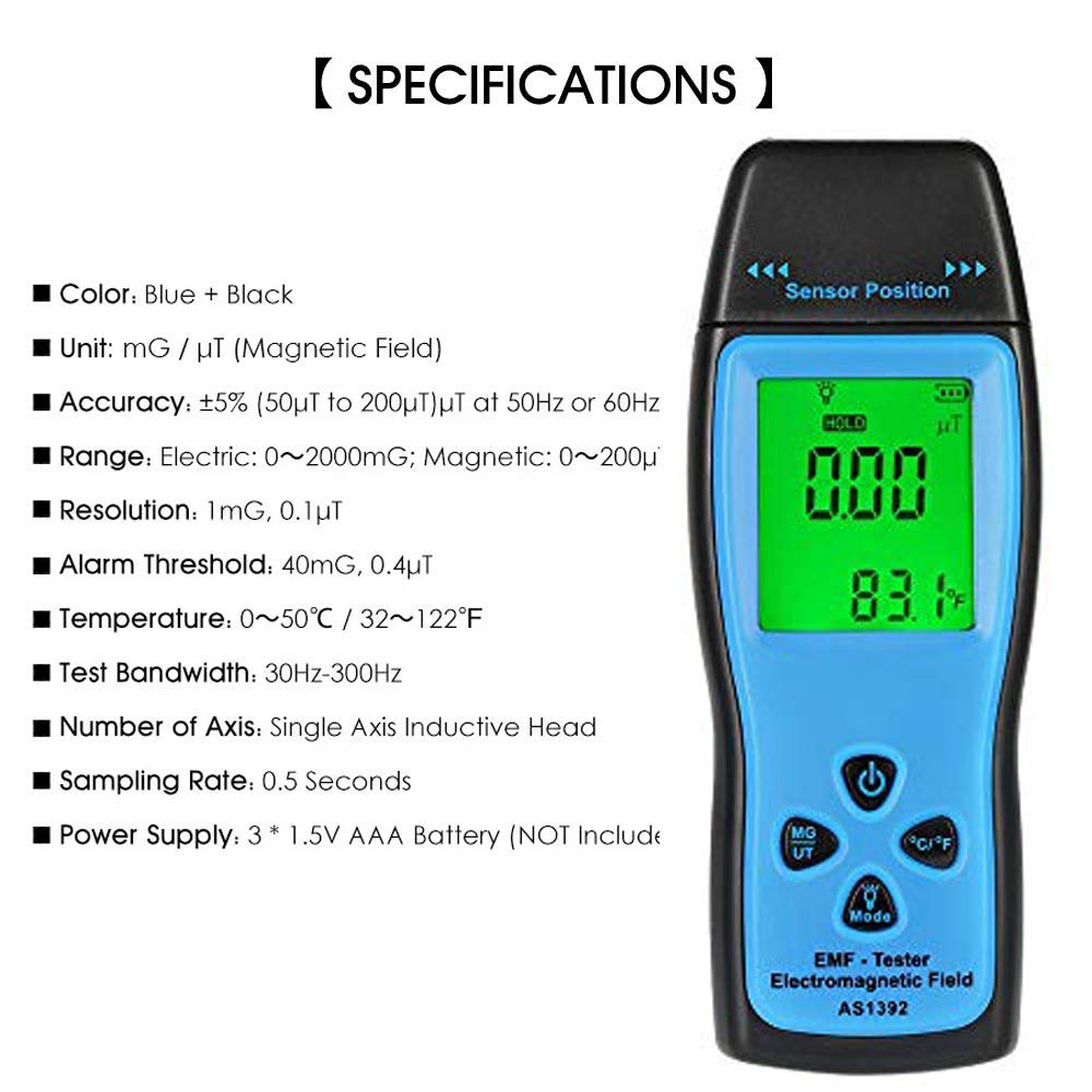 EMF Meter,Handheld Electromagnetic Field Tester, Radiation Meter, 0～2000mG/0～200μT, 0.1μT Resolution, 30Hz～300Hz, for Home Appliances, Power Lines and Industrial Equipments