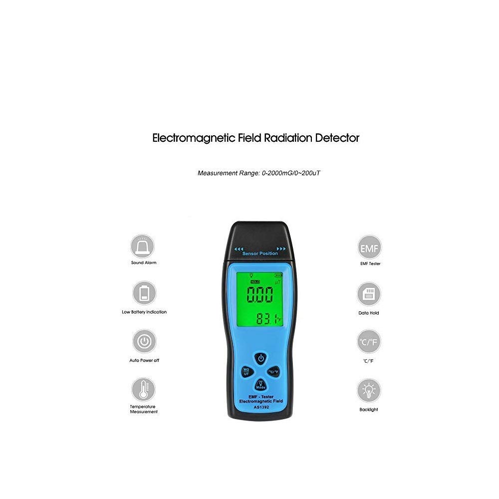 EMF Meter,Handheld Electromagnetic Field Tester, Radiation Meter, 0～2000mG/0～200μT, 0.1μT Resolution, 30Hz～300Hz, for Home Appliances, Power Lines and Industrial Equipments