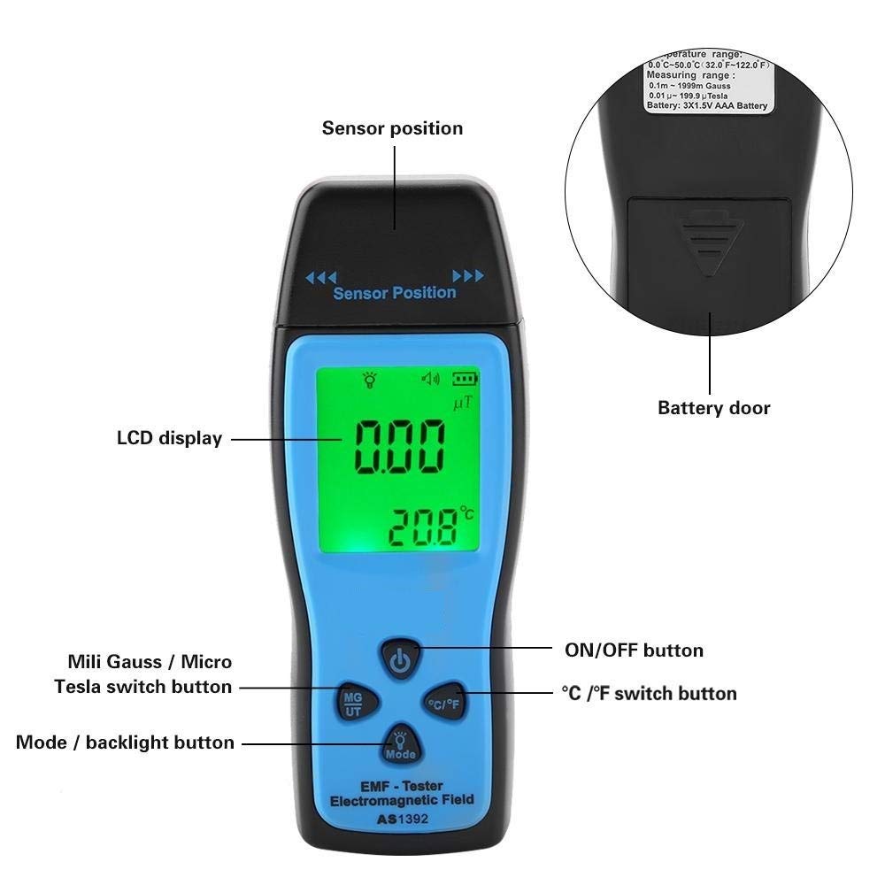 EMF Meter,Handheld Electromagnetic Field Tester, Radiation Meter, 0～2000mG/0～200μT, 0.1μT Resolution, 30Hz～300Hz, for Home Appliances, Power Lines and Industrial Equipments