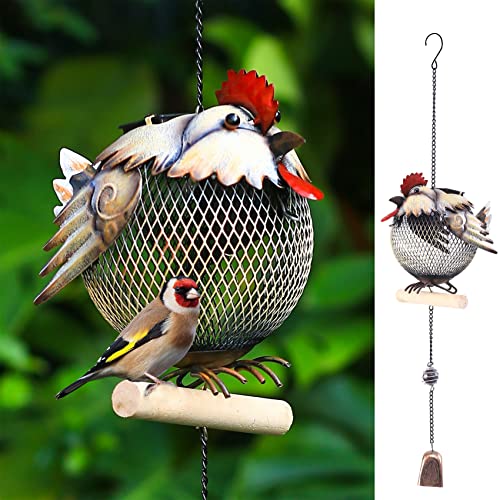 wtreew Solar Rooster Bird Feeder Squirrel Proof for Outside - Unique Cute Metal Animal Shaped Wild Bird Feeder with Solar Light, Wind Chime, Gift for Bird Lovers(Rooster)