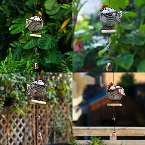 wtreew Solar Rooster Bird Feeder Squirrel Proof for Outside - Unique Cute Metal Animal Shaped Wild Bird Feeder with Solar Light, Wind Chime, Gift for Bird Lovers(Rooster)