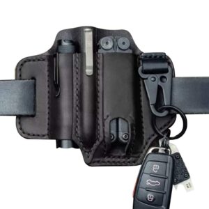 leather multitool sheath, edc belt pocket organizer, flashlight holster, storage belt waist bag for camping, leatherman sheath with pen holder, key fob (black)