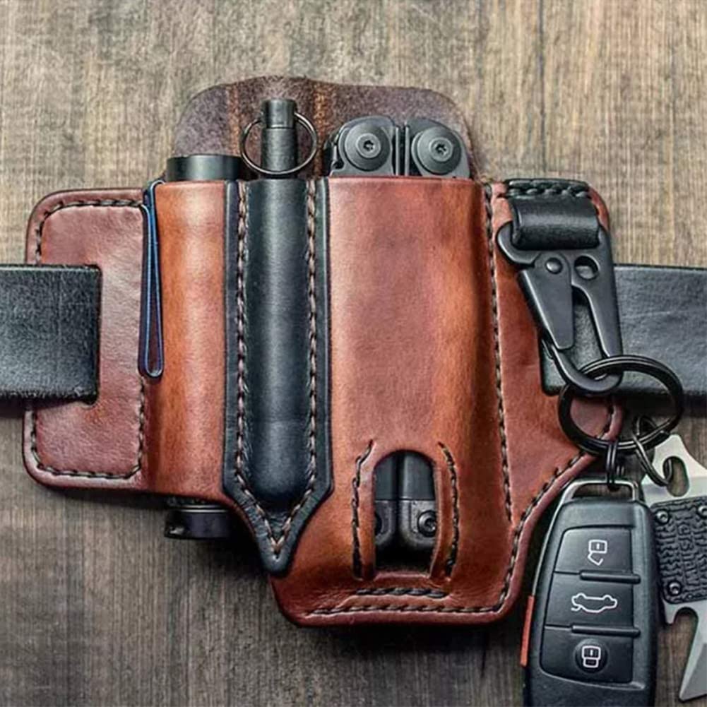 Leather Multitool Sheath, EDC Belt Pocket Organizer, Flashlight Holster, Storage Belt Waist Bag for Camping, Leatherman Sheath with Pen Holder, Key Fob (Black)