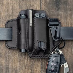 Leather Multitool Sheath, EDC Belt Pocket Organizer, Flashlight Holster, Storage Belt Waist Bag for Camping, Leatherman Sheath with Pen Holder, Key Fob (Black)