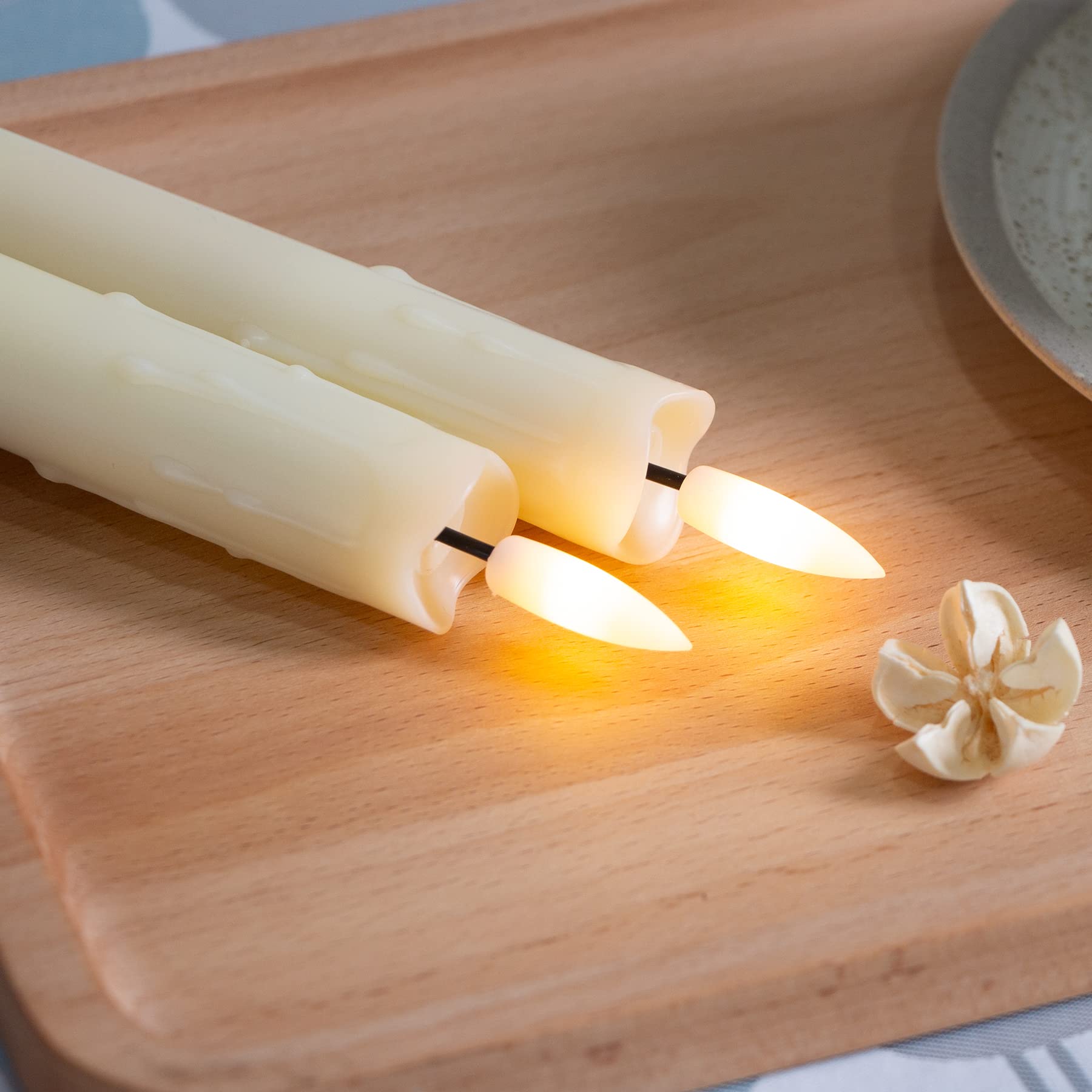 Mavandes Flameless Flickering Taper Candles Two Remote, 7.5 Inch Ivory Battery Operated LED Window Candles Timer,Set of 6 Plastic 3D-Wick Dripping-Wax Effect Flameless Candlesticks(0.86”Dia,Warm Fire)