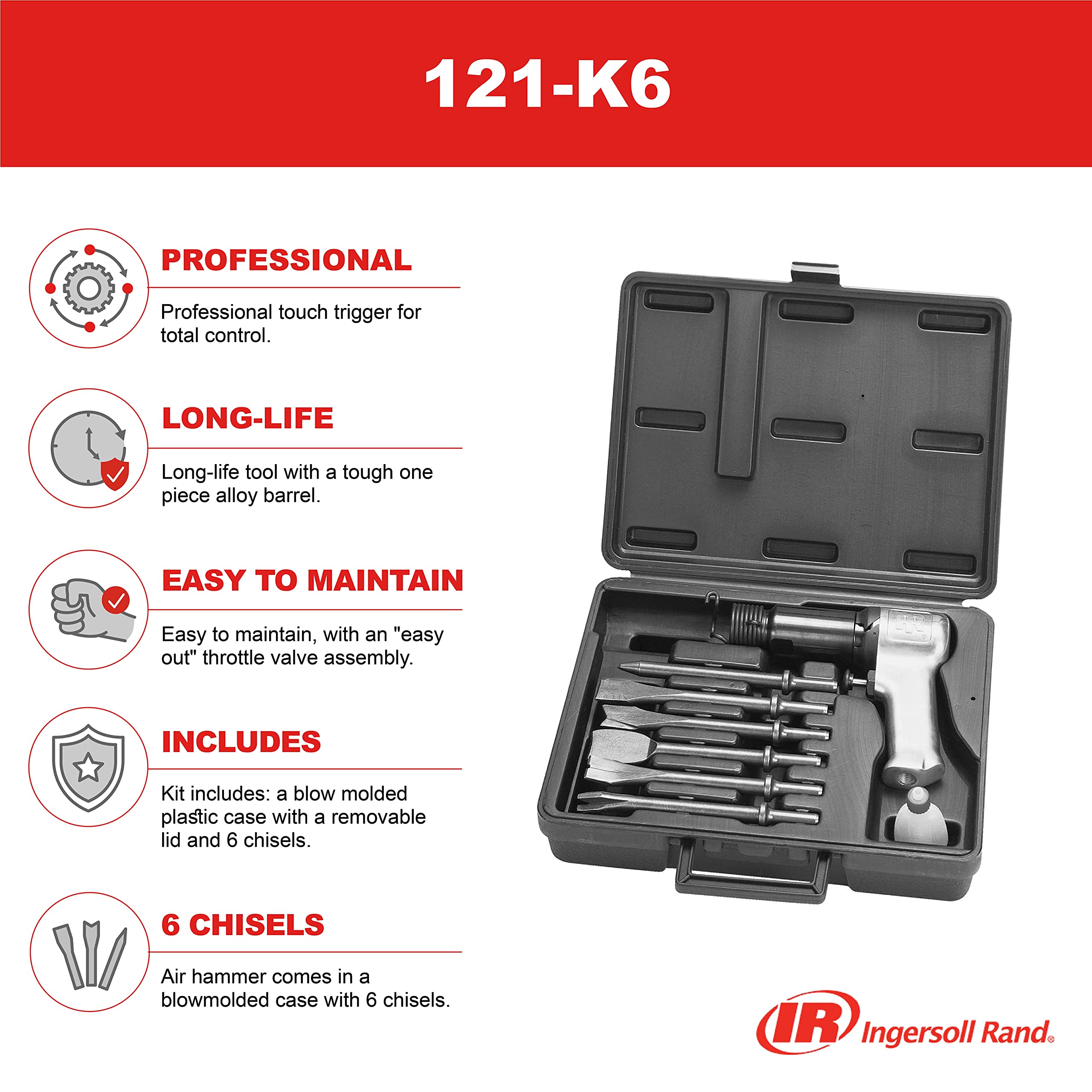 Ingersoll Rand 121-K6 Super Duty Air Hammer Kit, 121/Q Tool Plus 6 PC Chisel Set with Storage Case, Touch Trigger for Max Control, 3000 BPM & 9505 Edge Series Spring Chisel Set, 2-Piece