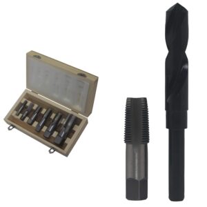 drill america - dwtpt1/8-1set 6 piece npt pipe tap, 1/8", 1/4", 3/8", 1/2", 3/4" and 1" in wooden case & pou1/2nptw/drill 1/2" carbon steel npt pipe tap and 23/32" high speed steel drill bit set