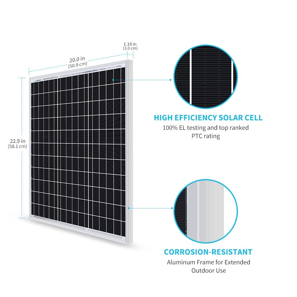 Renogy 50 Watt 12 Volt Monocrystalline Solar Panel (Compact Design) & One Pair of 9In 12AWG Adaptor Kit Solar Cable Wire PV with Female & Male Connectors Connect Solar Panel and Charge Controller