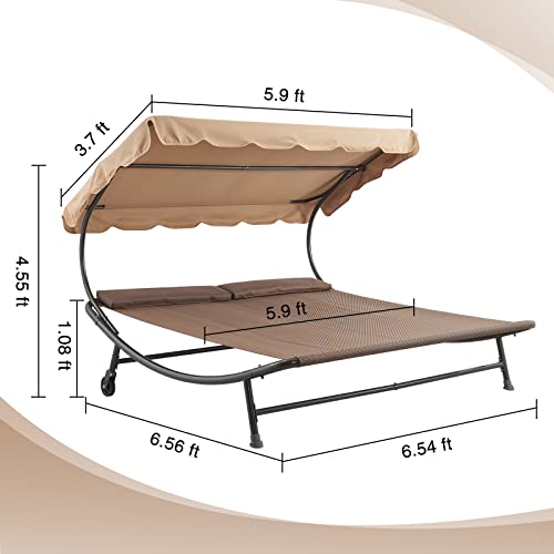 5-Star Compatible Ink Double Chaise Lounge Bed with Adjustable Canopy and Pillow and Wheels, Extra Large Patio Hammock Bed for Garden, Lawn, Backyard, Courtyard, 6.6'L x 6.5'W, Brown