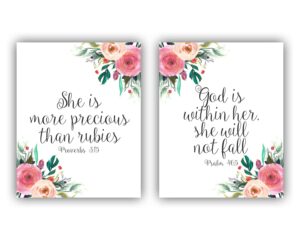god is within her she will not fall, she is more precious than rubies, baby girl nursery art, bible scripture print, psalm 46, proverbs 3, 8x10 unframed