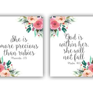 God is within her she will not fall, She is more precious than rubies, Baby Girl Nursery Art, Bible Scripture Print, Psalm 46, Proverbs 3, 8x10 Unframed