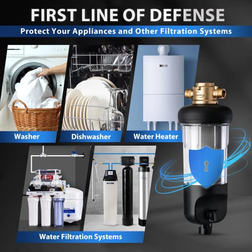 iSpring WSP50J Reusable Whole House Spin-Down Sediment Water Filter, Upgraded Jumbo Size, Large Capacity, 50-Micron Flushable Prefilter Filtration, 1" MNPT + 3/4" FNPT, Lead-Free Brass