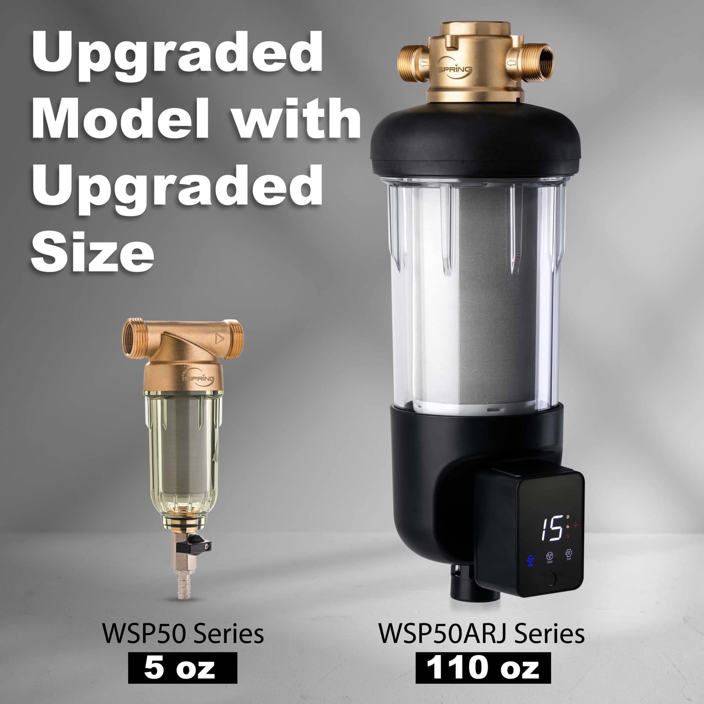 iSpring WSP50ARJ Spin-Down Sediment Water Filter, Upgraded Jumbo Size, Large Capacity, Reusable with Touch-Screen Auto Flushing Module, Brass Top Clear Housing, 50 Microns