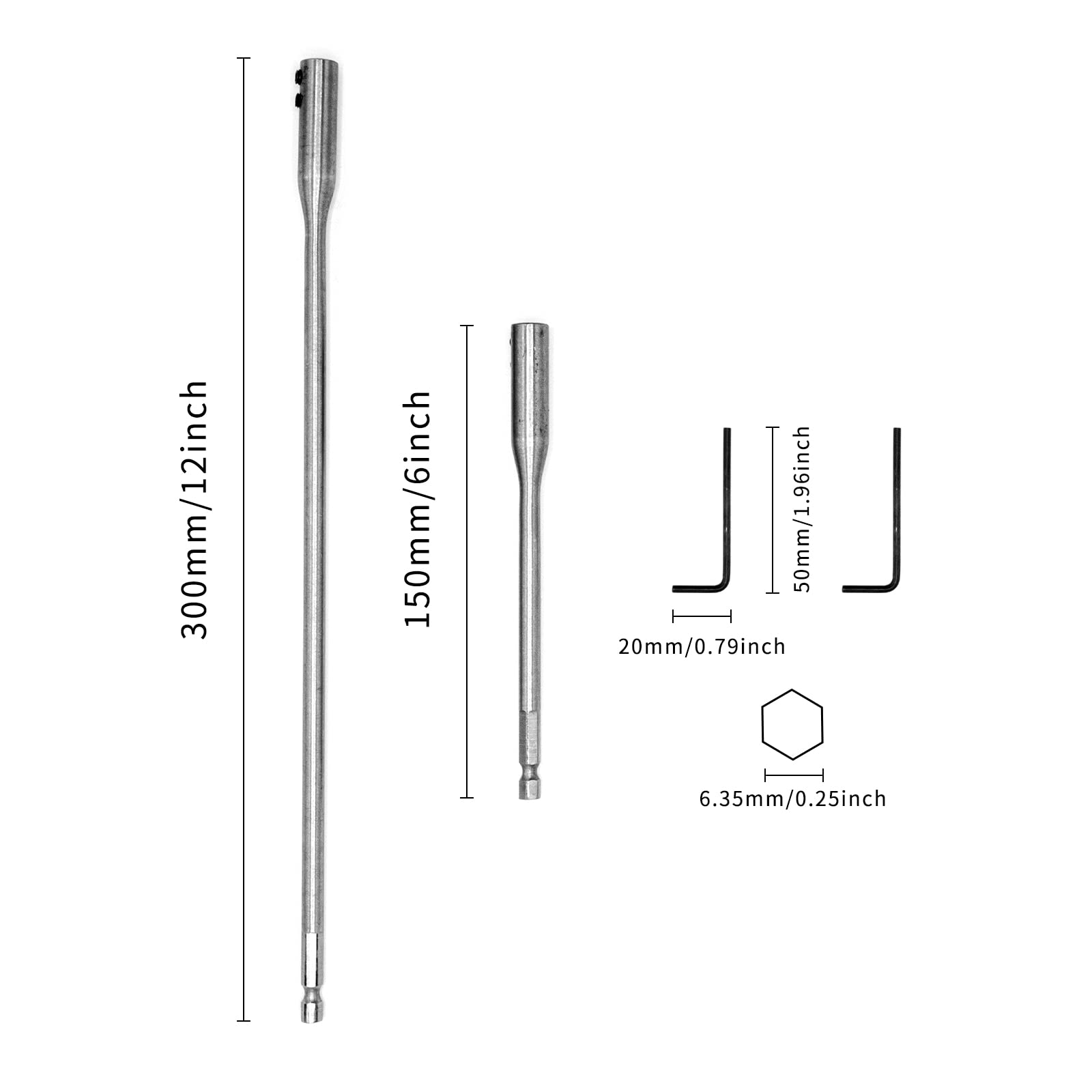 1/4 Hex Extension Drill Bit Set 6" and 12" Wood Spade Drill Bit Extension with 2 Wrench Keys for Wood Turners Construction Accessories