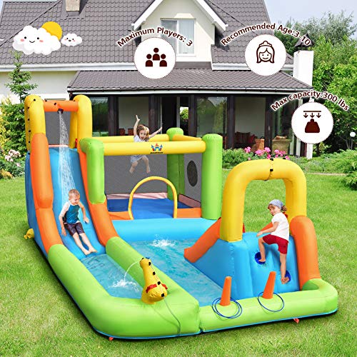 BOUNTECH Inflatable Water Slide, 8 in 1 Mega Waterslide Park Bounce House for Outdoor Fun w/Long Slide, Giant Splash Pool, Water Slides Inflatables for Kids and Adults Backyard Party Gifts