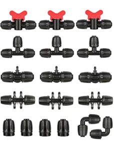 la farah drip irrigation fittings kit for 1/2 inch tubing -18 pieces set- 3 tees,3 switch valves,3 t connectors,2 elbows,3pcs 1/2" to 1/4" tubing reducers,4 end cap, barbed locked nuts connectors