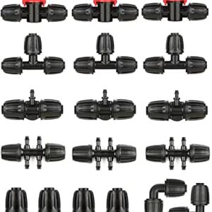 La Farah Drip Irrigation Fittings Kit for 1/2 Inch Tubing -18 Pieces Set- 3 Tees,3 Switch Valves,3 T Connectors,2 Elbows,3pcs 1/2" to 1/4" tubing Reducers,4 End Cap, Barbed Locked Nuts Connectors