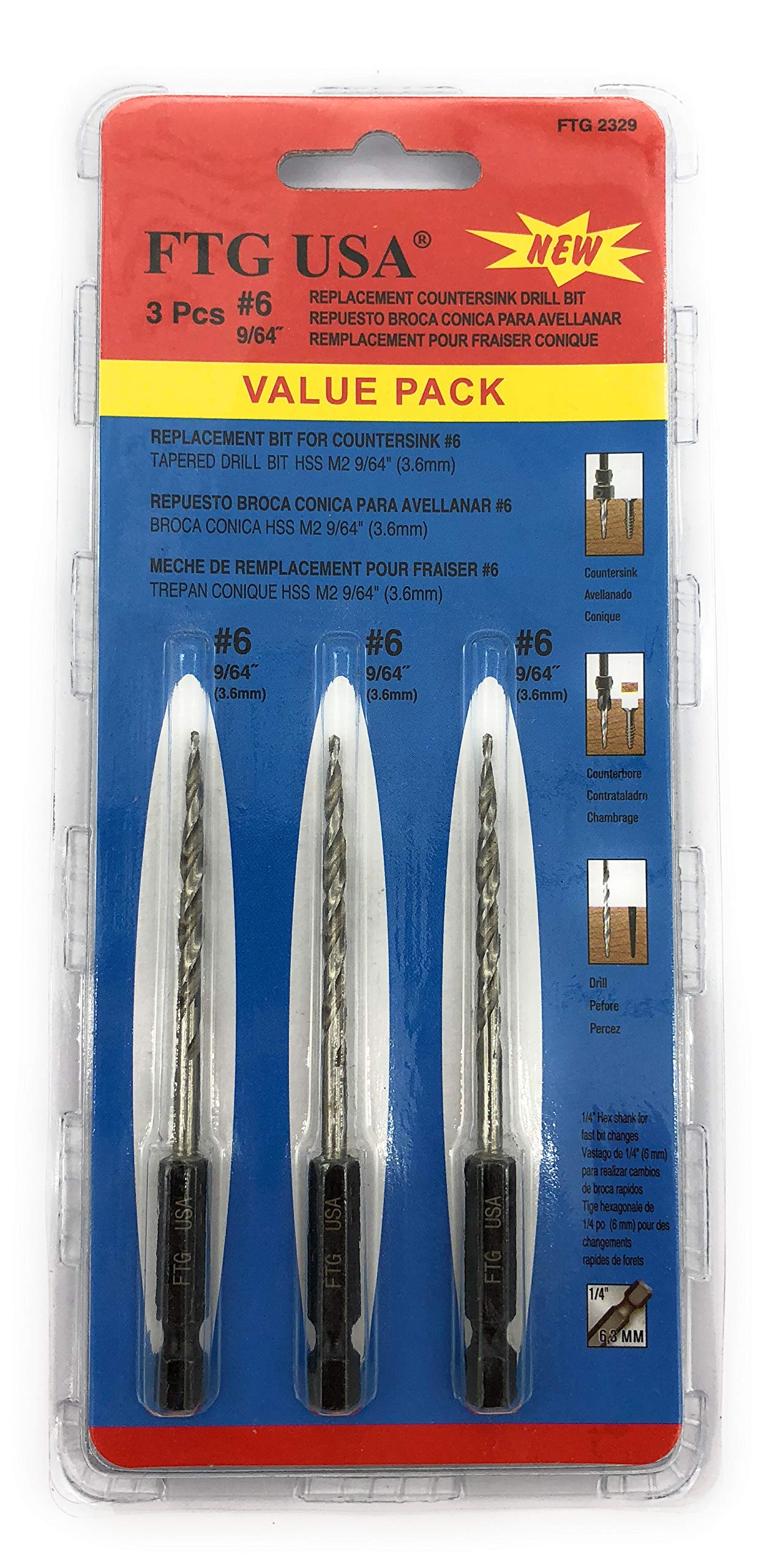 FTG USA Countersink Drill Bit Set 6 Pc #6 (9/64") Wood Countersink Drill Bit Pro Pack Countersink Set, with 3 Replacement Tapered Countersink Bits 9/64", 1 Stop Collar, 1 Hex Wrench