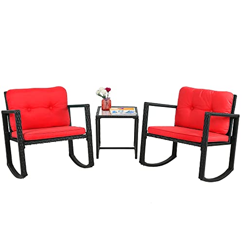 FDW 3 Piece Wicker Patio Furniture Sets Rocking Chair Outdoor Bistro Set Patio Set Rattan Chair Conversation Set with Porch Chairs and Coffee Table,Red