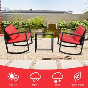 FDW 3 Piece Wicker Patio Furniture Sets Rocking Chair Outdoor Bistro Set Patio Set Rattan Chair Conversation Set with Porch Chairs and Coffee Table,Red