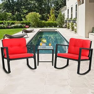 FDW 3 Piece Wicker Patio Furniture Sets Rocking Chair Outdoor Bistro Set Patio Set Rattan Chair Conversation Set with Porch Chairs and Coffee Table,Red