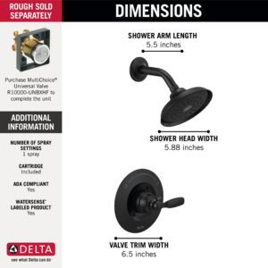 Delta Faucet Woodhurst 14 Series Single-Function Shower Faucet Set, Full Body Spray Shower Head, Shower Handle, Black Shower Faucet, Delta Shower Trim Kit, Matte Black T14232-BL (Valve Not Included)